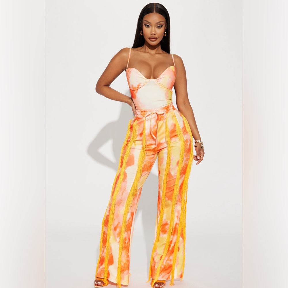 Orange fringe pant set